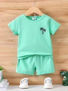 3sets Young Boy Casual Summer Outfits, Coconut Tree Graphic Short Sleeve T-Shirt And Shorts Sets