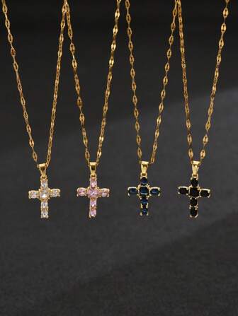 One Piece Multi Color CZ Cross Necklace Fashionable Stainless Steel Lip Chain Crystal Cross Pendant Necklace Jewelry