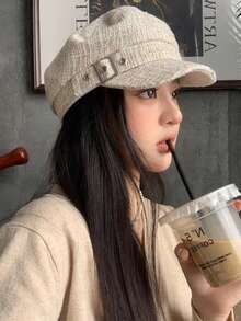 One Women Beige Flat Top Hat, Breathable Baseball Cap With Grid Pattern, Navy Cap, Casual Fashion Hat For Spring/Summer - Beige - View 3