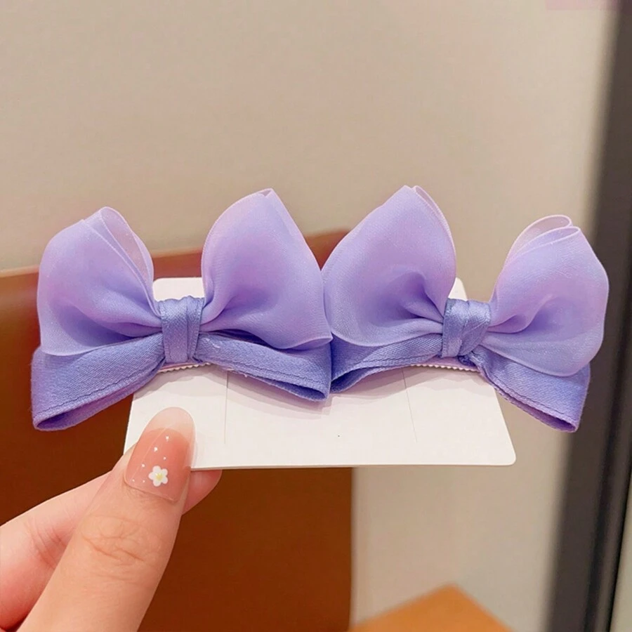 2pcs Kids Bowknot Hair Clips, Chiffon Fabric Headband (Note: Slight Color Variance May Occur Due To Fabric Batch Difference, Which Is Normal) - Purple - View 1