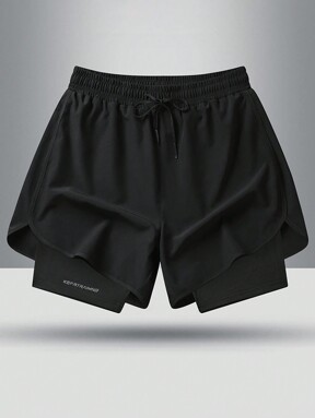 Pantalones cortos deportivos casuales unisex con diseño de doble capa, cintura con cordón y bolsillo con cremallera, adecuados para senderismo, ciclismo, baloncesto, correr, pantalones cortos de novio, deportes de interior, primavera/verano