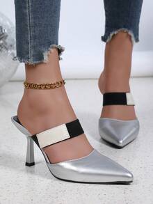 女士閉趾細高跟涼鞋，2024春季簡約時尚風格 - 銀色 - 查看 5