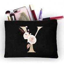 1pc Fashionable Item: Polyester Fiber Letter Print Zipper Cosmetic Bag/Storage Pouch, Excellent Gift For Couples And Families. The Cosmetic Bag Can Be Printed With Logo Patterns Or English Letters, A Stylish Women's Storage Pouch. Designed As A Coin Purse, Simple And Fashionable, With A Beautiful Appearance, Cute Large Capacity, And Portable Card Holder. - Black - View 18