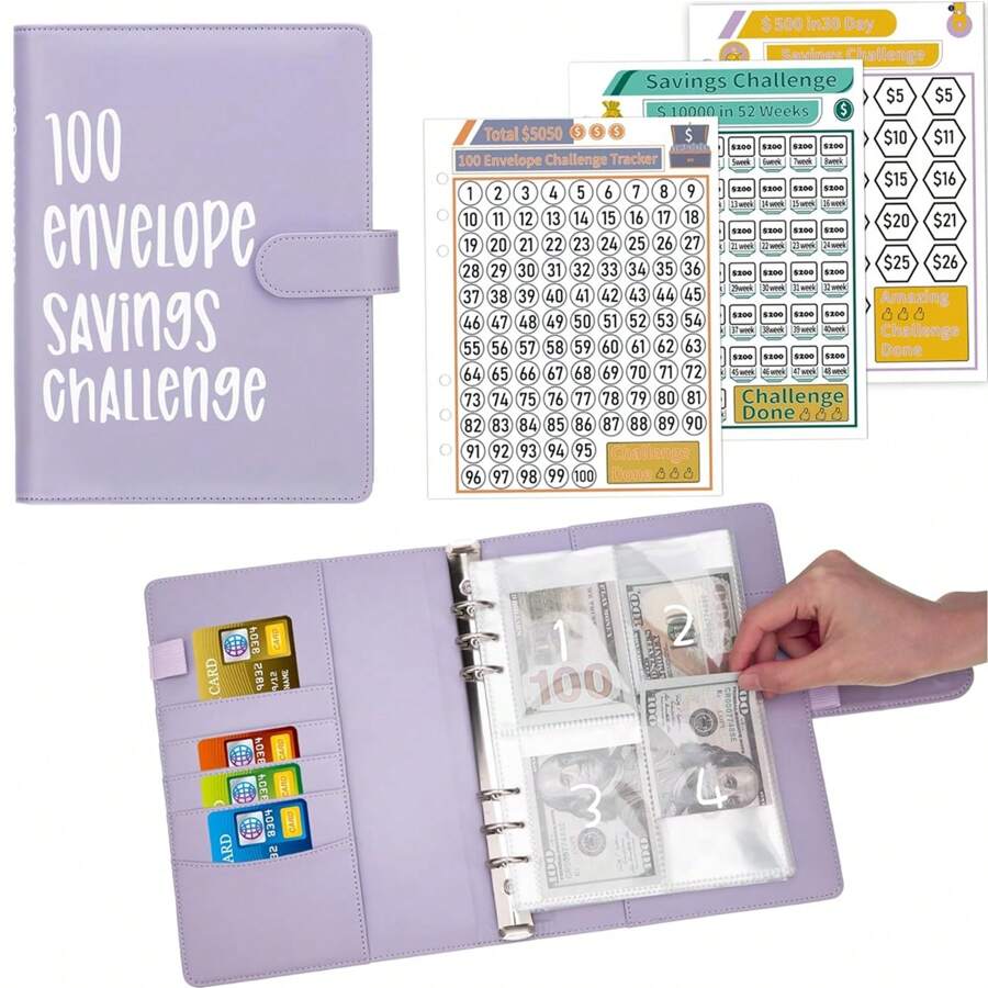 Raccoglitore di sfide di risparmio denaro con 100 buste, raccoglitore di bilancio A5 con buste portacontanti, libro di sfide di risparmio per risparmiare $5,050 /10,000/500; pianificatore di bilancio per avere un bilancio del risparmio. - Viola - Visualizzare 1
