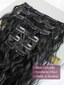 24-Inch Long Wavy Clip-In Synthetic Hair Extensions, 6pcs Set, Ombre Black, Thick & Natural Soft, Double-Layer Stitched, For Women - Natural Black - View 4
