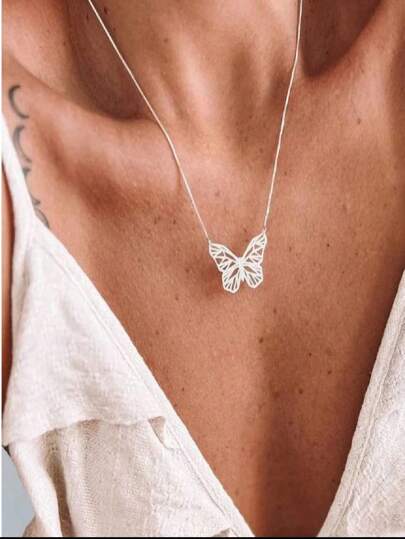 Colar borboleta vazada a prata 925 Borboleta Origami Colar Folheado