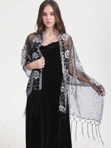 Boho 1pc Lace Floral Embroidery Shawl, Elegant & Heavy-Duty, Perfect For Prom, Sequin Scarf, Handmade Tassel Scarf, Simple & Stylish Party Dress Scarf Halloween