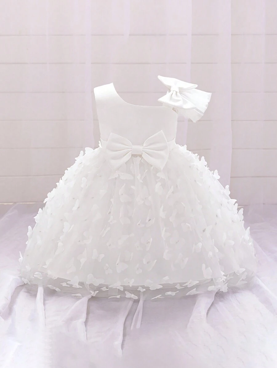 女婴无袖蝴蝶贴花薄纱蓬蓬裙，适合婚礼花童，不含头饰 - 白色 - 查看 1