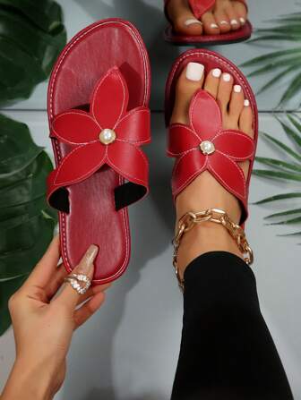 1 Pair Women's European And American Style Floral Print Flat Slip-On Sandals, Open Toe Summer Outdoor Flip Flops