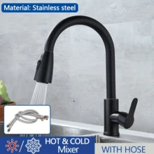 1入組不銹鋼拉出式水龍頭，廚房水槽蔬菜清洗盆，冷熱水龍頭 - 黑色 - 查看 2