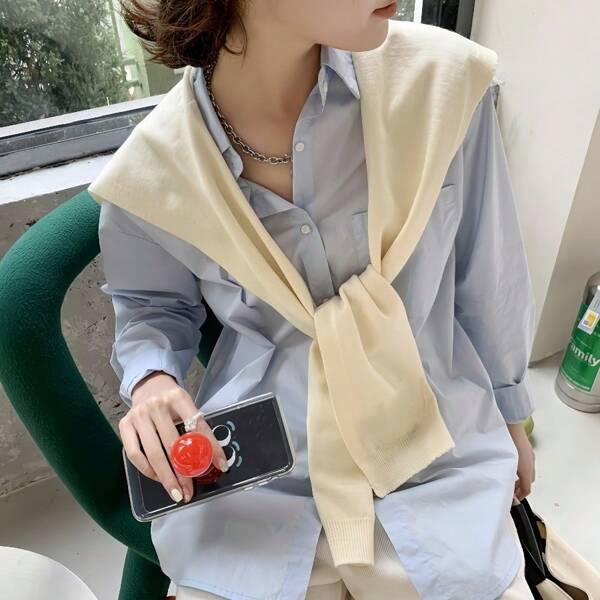 1pc Simple & Personalized  And Blue Solid Color Knitted Shawl For Women, Suitable For Spring And Summer Daily Wear In Air-Conditioned Environments At Work Or During Leisure Time,School Accessories Women
