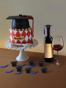 Conjunto de 6 mini birretes con flores para decoración de fiesta de graduación o toppers de botella - Azul - Ver 6