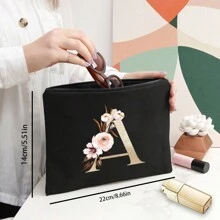 1pc Fashionable Item: Polyester Fiber Letter Print Zipper Cosmetic Bag/Storage Pouch, Excellent Gift For Couples And Families. The Cosmetic Bag Can Be Printed With Logo Patterns Or English Letters, A Stylish Women's Storage Pouch. Designed As A Coin Purse, Simple And Fashionable, With A Beautiful Appearance, Cute Large Capacity, And Portable Card Holder. - Black - View 4