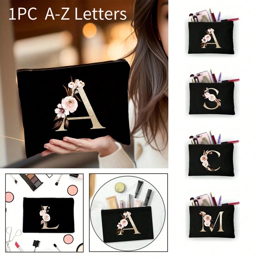 1pc Fashionable Item: Polyester Fiber Letter Print Zipper Cosmetic Bag/Storage Pouch, Excellent Gift For Couples And Families. The Cosmetic Bag Can Be Printed With Logo Patterns Or English Letters, A Stylish Women's Storage Pouch. Designed As A Coin Purse, Simple And Fashionable, With A Beautiful Appearance, Cute Large Capacity, And Portable Card Holder. - Black - View 1