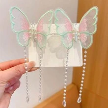 1對兒童新款式布質可愛中式珍珠流蘇髮夾，帶有蝴蝶和彩色鱷魚夾，頭飾 - 多色 - 查看 13