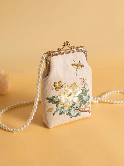 Women's Evening Clutch Bag, Vintage Floral Embroidery Handbag With Detachable Faux Pearl Shoulder Strap And Pearl Top Handle - Elegant Cheongsam Style Women's Party Bag, Multifunctional Phone Pouch And Wallet, Evening Purse, Gift For Mom