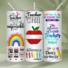 Botella de agua aislada de acero inoxidable con patrón de maestro con un lápiz de arcoíris de 20 oz y una pajita, adecuada como regalo para los maestros | 1pc