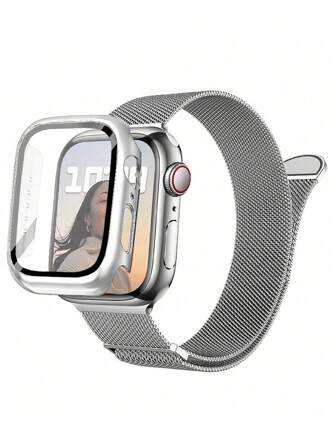 1 套 3 合 1 磁性不锈钢米兰尼斯表带 + 屏幕保护膜，带双排水钻表壳保护膜，适用于 38mm 40mm 41mm 45mm 44mm 42mm 46mm 49mm Ultra Series Ultra 9 8 7 6 5 4 3 2 1 SE Series10，舒适透气替换表带，防刮防水防震手表保护套，男女皆宜