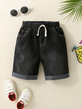 男童柔软黑色牛仔百慕大短裤，夏季儿童休闲百搭牛仔短裤，户外运动休闲牛仔短裤