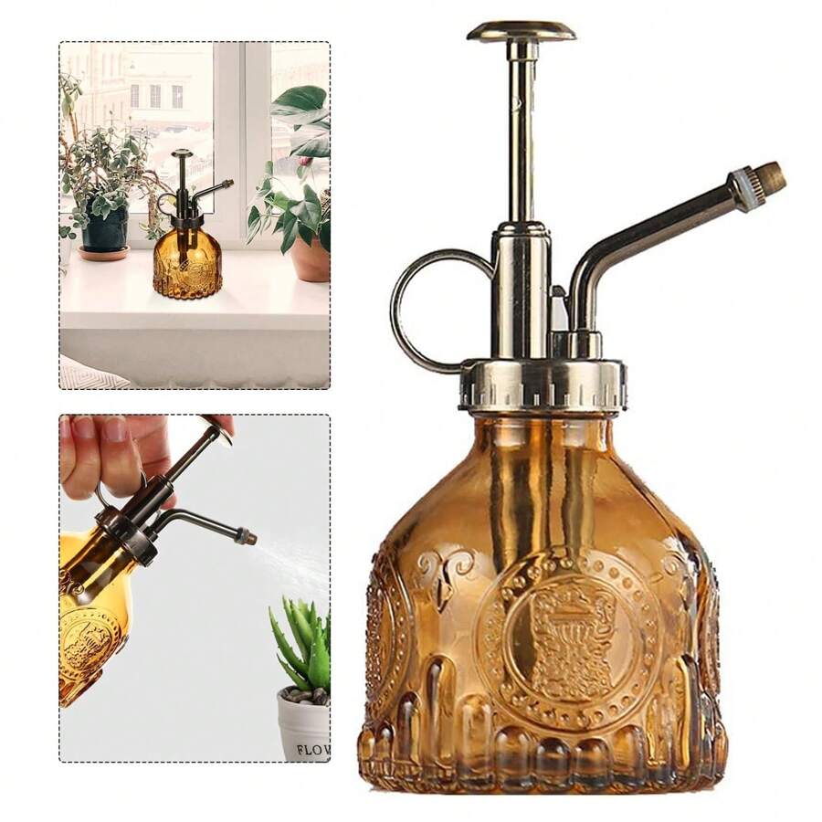 1入組玻璃噴霧瓶小植物淋水壺，6.4"高復古室內淋水壺，銅色塑料上泵，適用於室內植物噴霧器、玻璃淋水噴霧瓶、復古銅色塑料上泵淋水壺花廳，家居裝飾
