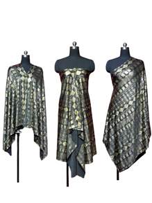 夏季新原創設計復古1920年代風格時尚奶絲全印花金箔印花布料，適用於女士派對沙灘防曬圍巾披肩。優雅仿晚禮服裙半成品服裝材料。 - 彩色 - 查看 6