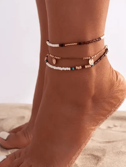 1pc Bohemian Style Multilayer Beaded Beach Anklet With Cowrie Shell For Summer Casual Style