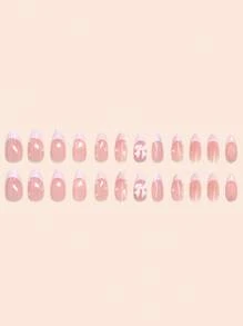Upgrade direct je look met 24 stuks amandel vierkante press-on nagels set schattige roze Franse schattige roze strik glanzende parels nepnagels volledige dekking nepnagel tips voor vrouwen en meisjes Inclusief 1 vel kleeflipjes en 1 stuk mini-vijlstrip Jelly Gel willekeurige verzending