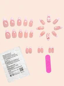 Upgrade direct je look met 24 stuks amandel vierkante press-on nagels set schattige roze Franse schattige roze strik glanzende parels nepnagels volledige dekking nepnagel tips voor vrouwen en meisjes Inclusief 1 vel kleeflipjes en 1 stuk mini-vijlstrip Jelly Gel willekeurige verzending