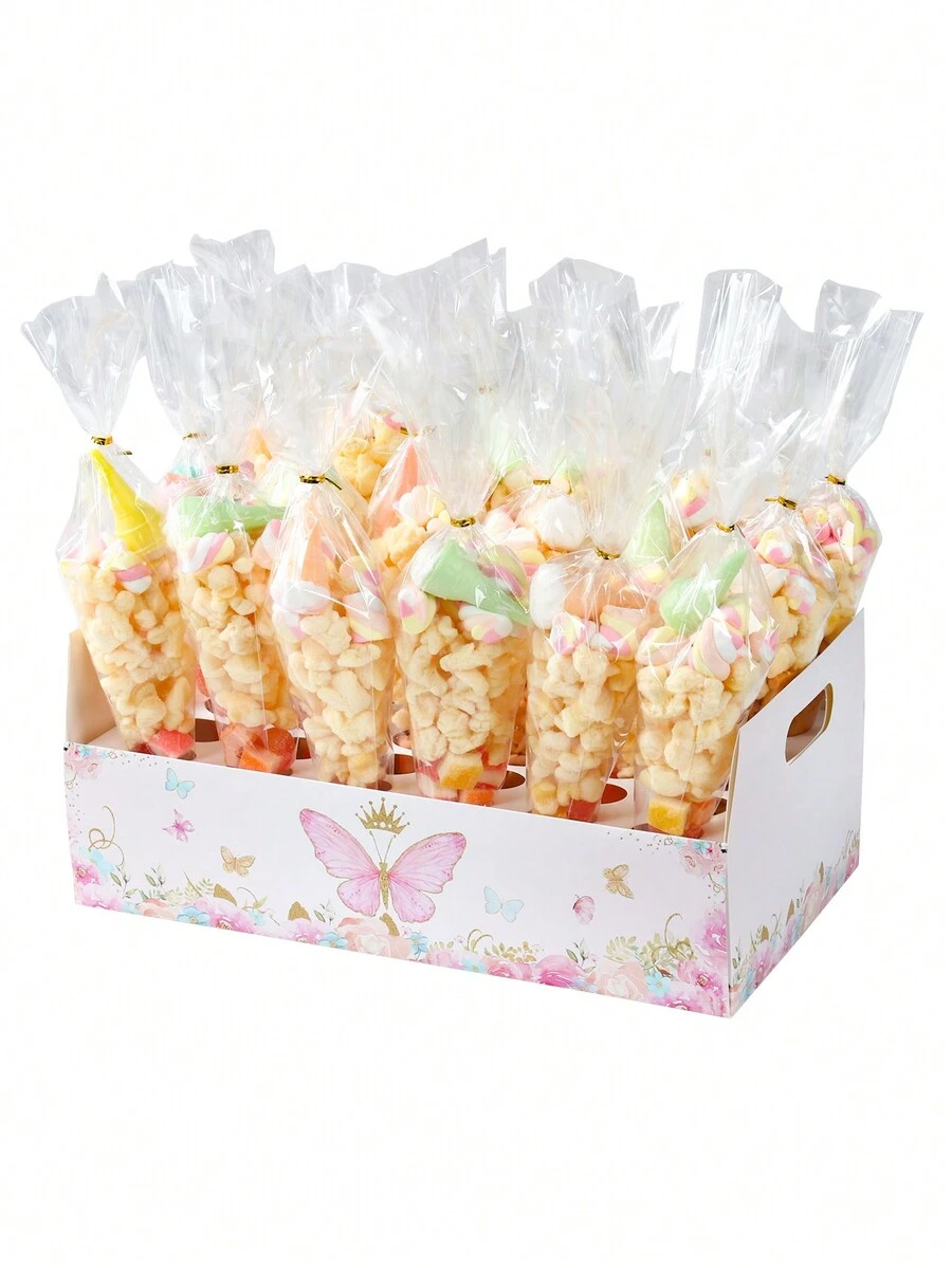 1套粉色蝴蝶主題婚禮托盤，紙質彩帶錐形糖果袋和錐形禮品袋，婚禮宴會彩帶托盤，多功能生日節日派對包裝用品