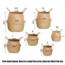 1 pieza Maceta portátil grande hecha a mano de ratán trenzado, canasta de flores de paja vintage, soporte para plantas de jardín, cesta de almacenamiento plegable, decoración del hogar interior/exterior, talla XL