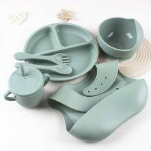 6pcs Silicone Baby Feeding Set - Baby Weaning Supplies, Toddler Utensils, Transition Sippy Cup With Straw, Suction Bowl & Plate, Silicone Bibs - Army Green - View 3
