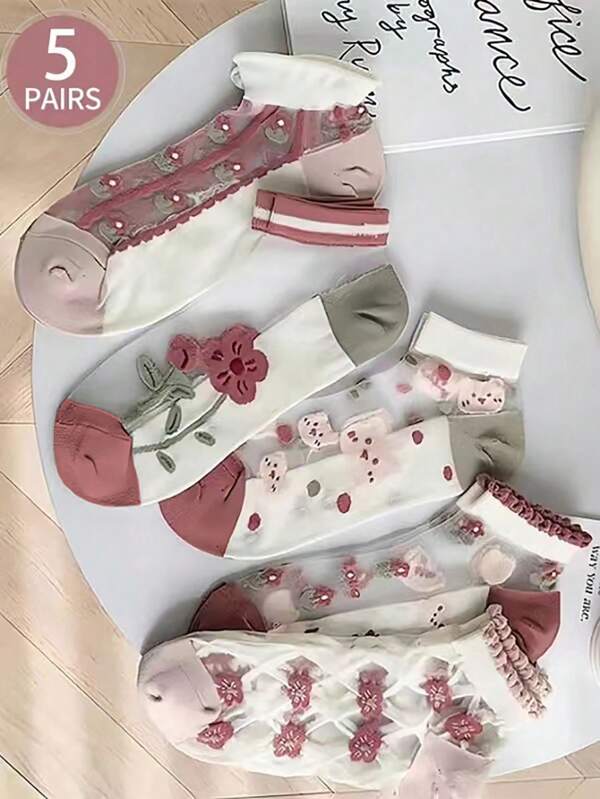 Mujer 5 pares Calcetines tobilleros oso de dibujos animados cabeza & con patrón floral transpirable dulce para vida diaria