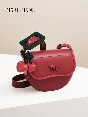 TOUTOU Lightweight Business Casual Minimalist Vintage Original Cherry Pendant Detail Saddle Bag & Burgundy Bag, Letter Decor Flap Shoulder Bag & Armpit Bag & Underarm Purse, Versatile Adjustable Shoulder Bag