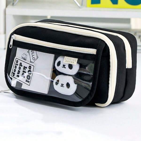 1 pieza Estuche súper lápiz negro con patrón de panda adorable, caja de papelería popular/portalápices para estudiantes, estuche/bolsa de lápices de gran capacidad y transparente para estudiantes hombres o mujeres, estuche de lápices muy atractivo para estudiantes de primaria y secundaria de vuelta a la escuela