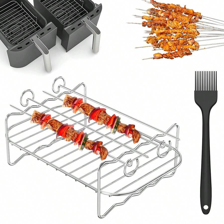 Air Fryer Double Layer Rack Set 304 Stainless Steel Multi-Purpose Air Fryer Rack With 4 Barbecue Skewers 1 Silicone Oil Brush Non-Stick Air Fryer Rack For Air Fryer - one-size - View 1