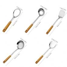 Juego de utensilios de cocina de acero inoxidable con mango de grano de madera simple para el hogar, incluye espátula, cacerola, paleta, colador, almohadilla resistente al calor, cocina, regalo de Navidad - Multicolor - Ver 6
