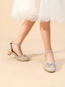 Girls Dress Shoes Pumps Bow Rhinestones Low Heels Flower Party Wedding Princess - Gold - View 4