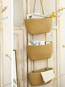 1pc 3-Tier Rope Woven Hanging Storage Baskets - Detachable Decorative Organizers For Living Room, Bathroom, And Bedroom, Over The Door Hanging Basket With Multiple Storage Compartments - Brown - View 2