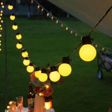 A String Of LED Bulb Lights, G50 Bulb Lights, White Plastic Ball Bulb Lights, Suitable For Outdoor Camping, Picnic, Tent Decoration, Ambience Lighting, Wedding Decoration, 5-Meter-Long Light String With 20 Lights Heads, Using 3 AA Battery Box And USB Dual-Use Style (Excluding Battery), And 5-Meter-Long Light String With 20 Lights Heads, Using Solar Power Supply Style (Including Two Accessories); 10-Meter-Long Light String With 40 Lights Heads, Using 3AA Battery Box And USB Dual-Use Style (Excluding Battery), And 10-Meter-Long Light String With 40 Lights Heads, Using Solar Power Supply Style (Including Two Accessories); Ball Bulb Size 5cm.