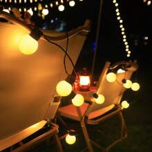 A String Of LED Bulb Lights, G50 Bulb Lights, White Plastic Ball Bulb Lights, Suitable For Outdoor Camping, Picnic, Tent Decoration, Ambience Lighting, Wedding Decoration, 5-Meter-Long Light String With 20 Lights Heads, Using 3 AA Battery Box And USB Dual-Use Style (Excluding Battery), And 5-Meter-Long Light String With 20 Lights Heads, Using Solar Power Supply Style (Including Two Accessories); 10-Meter-Long Light String With 40 Lights Heads, Using 3AA Battery Box And USB Dual-Use Style (Excluding Battery), And 10-Meter-Long Light String With 40 Lights Heads, Using Solar Power Supply Style (Including Two Accessories); Ball Bulb Size 5cm.