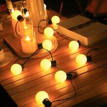 A String Of LED Bulb Lights, G50 Bulb Lights, White Plastic Ball Bulb Lights, Suitable For Outdoor Camping, Picnic, Tent Decoration, Ambience Lighting, Wedding Decoration, 5-Meter-Long Light String With 20 Lights Heads, Using 3 AA Battery Box And USB Dual-Use Style (Excluding Battery), And 5-Meter-Long Light String With 20 Lights Heads, Using Solar Power Supply Style (Including Two Accessories); 10-Meter-Long Light String With 40 Lights Heads, Using 3AA Battery Box And USB Dual-Use Style (Excluding Battery), And 10-Meter-Long Light String With 40 Lights Heads, Using Solar Power Supply Style (Including Two Accessories); Ball Bulb Size 5cm.