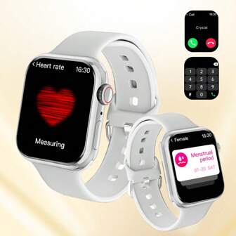 白色中性硅膠手錶帶，搭配1.75英寸TFT高清觸摸屏智能電子手錶，支持心率檢測、血氧監測、多種運動功能、溫度和天氣預報、藍牙功能、來電提醒，並兼容Android和IOS系統。