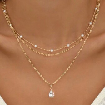 1pc Exquisite Fashionable Triple Layered Gold Necklace, Retro & Sexy Faux Pearl Tear Drop Pendant Necklace For Women, Collarbone Chain, Gift