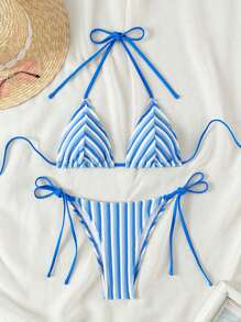 New Arrival Cute Toweling Halter Neck Backless Strap Bikini Set For Summer Beach - Blue - View 2