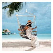 Hammock Chair Hanging Swing With Wooden Armrests;Steel Spreader Bar And Anti-Slip Rings;Cotton Woven Fabric;Up To 300 Lbs For Bedroom,Patio,Porch,Deck-Indoor Outdoor Grey