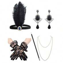 4入組/7入組1920年代頭飾套裝，羽毛頭帶+珍珠手鍊+耳環+手套配件套裝，適用於派對舞會服飾配件單身派對舞會配件宴會服裝配件