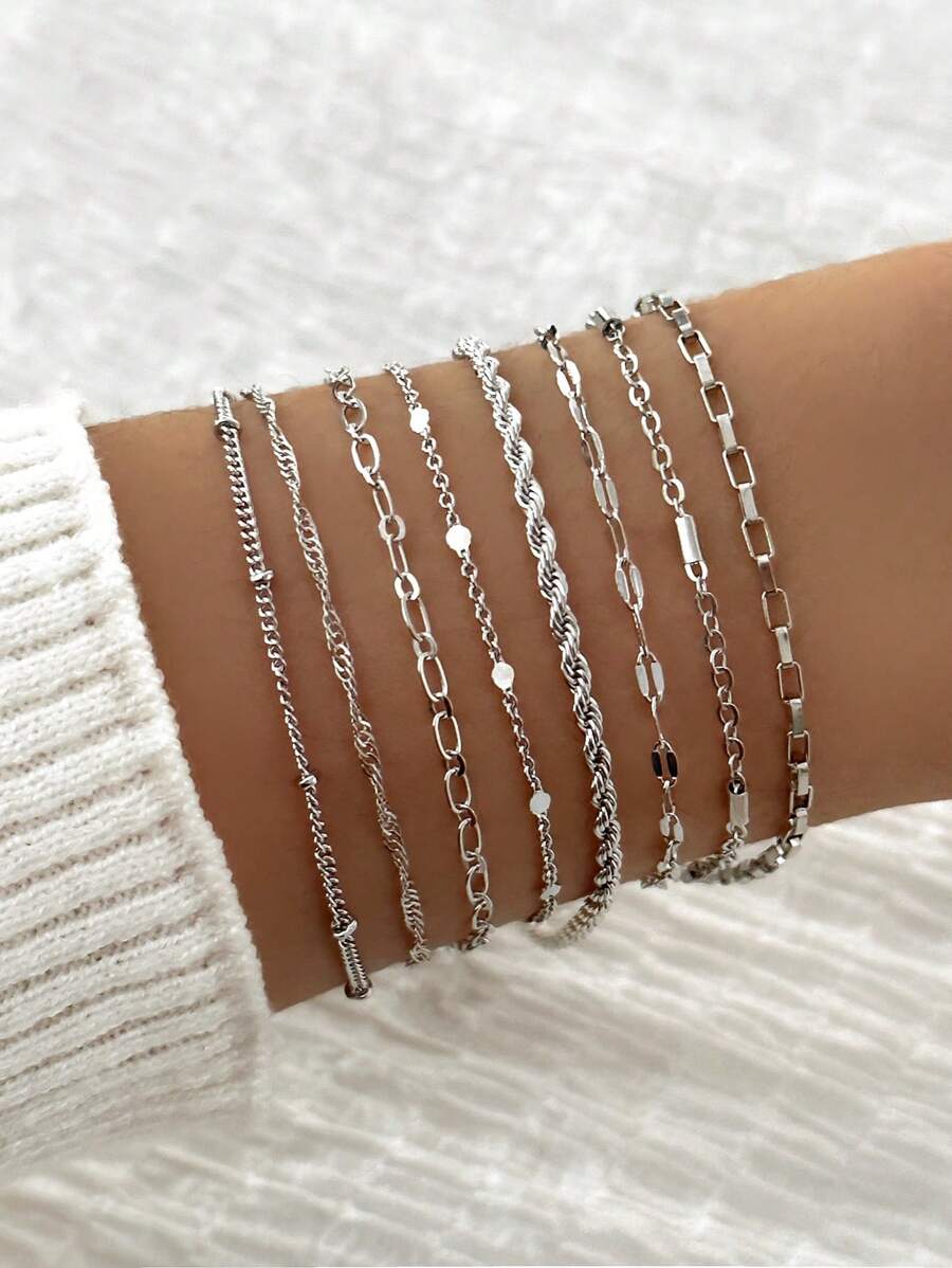 8pcs/Set Simple Punk Style Pure Chain Fashionable Bracelets Set, Suitable For Women Daily Wear - Silver - View 1