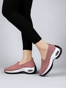 New Fashion Breathable Sport Casual Slip-On Sneakers For Women, Comfortable Square Dance Shoes With Platform And Increased Height, Versatile Breathable Woven Loafers, Plus Size Women Shoes