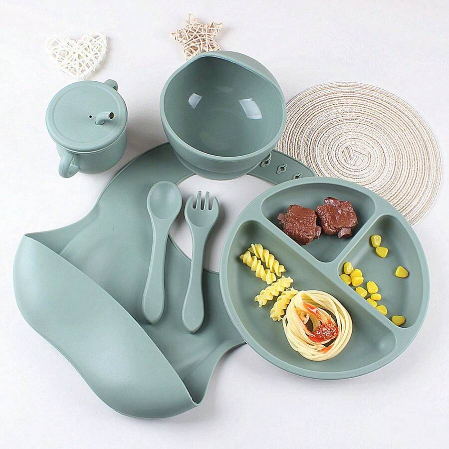 6pcs Silicone Baby Feeding Set - Baby Weaning Supplies, Toddler Utensils, Transition Sippy Cup With Straw, Suction Bowl & Plate, Silicone Bibs - Army Green - View 1