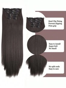 6 件/套 16 夹接发黑色长直发自然渐变假发耐热纤维女士发型 - 棕色 - 查看 8